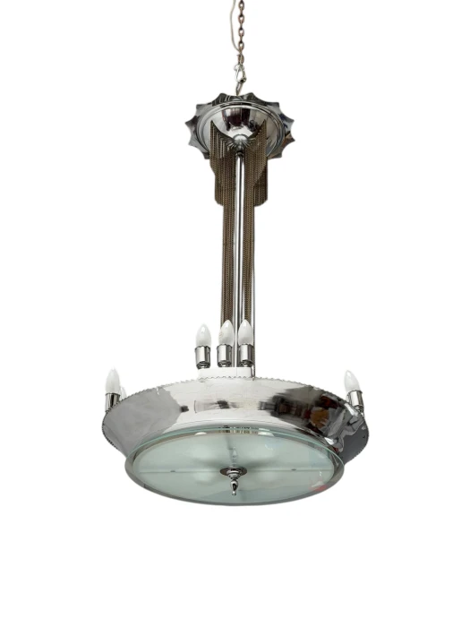 Art Deco Chandelier, Chrome & Glass, Dutch Design, 1930s